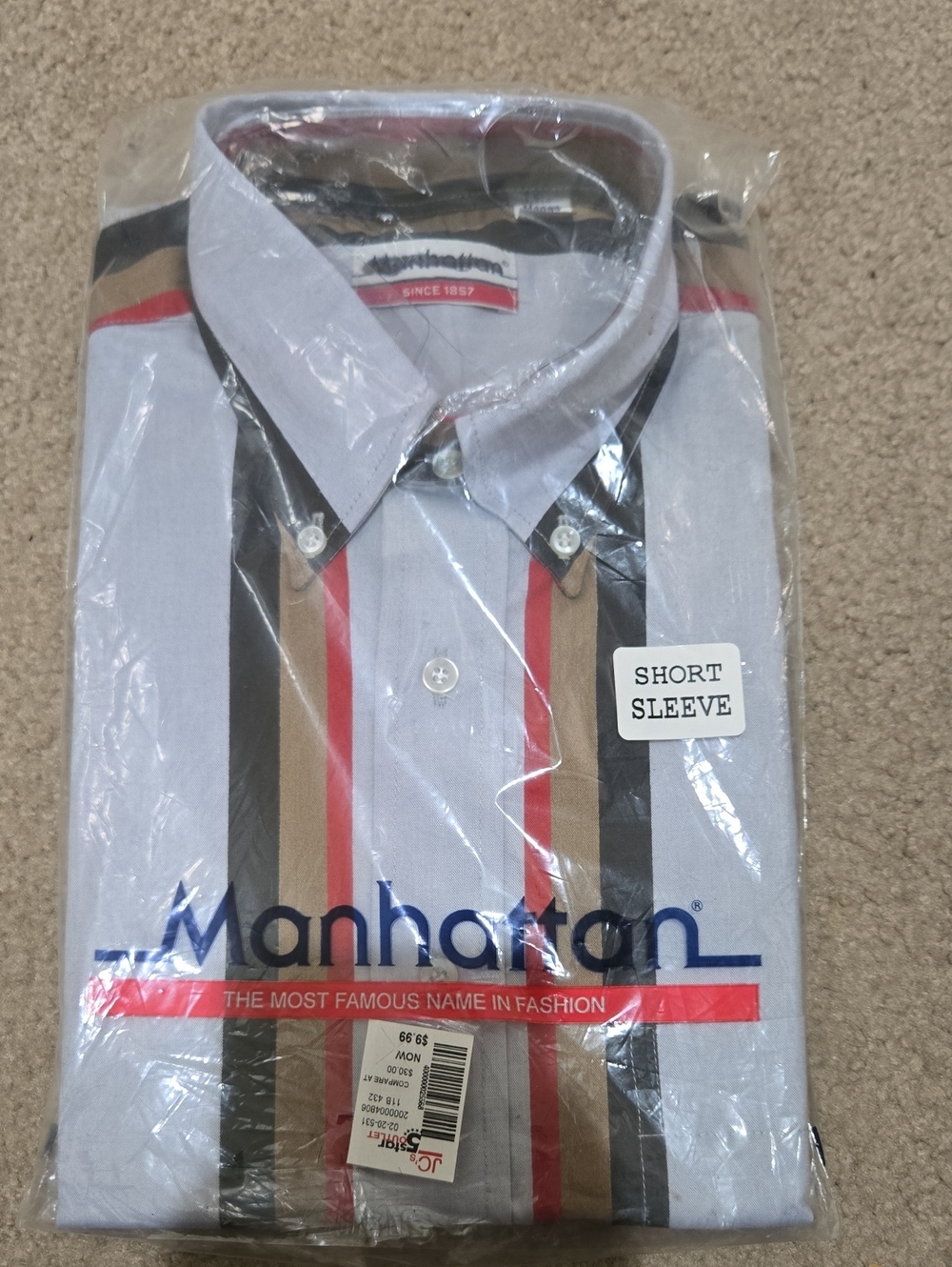 Manhattan Short-Sleeve Button-Down Shirt in Light Blue with Multicolor Stripes